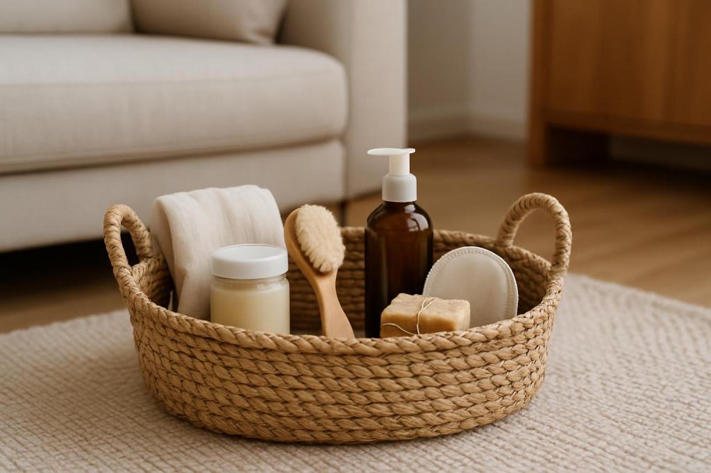 basket of candles and other sparkling bath equipment next to a couch, wooden floor under, a light rug over the wooden floo...