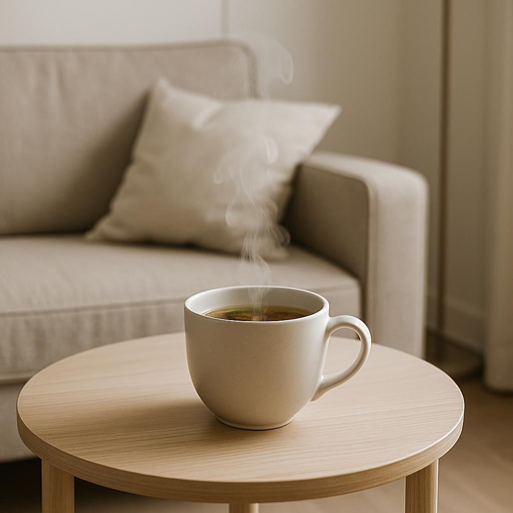 Ein Weißzit, ein Tisch, ein Sofa und ein Pfeilleuchter in Seyß Minh.