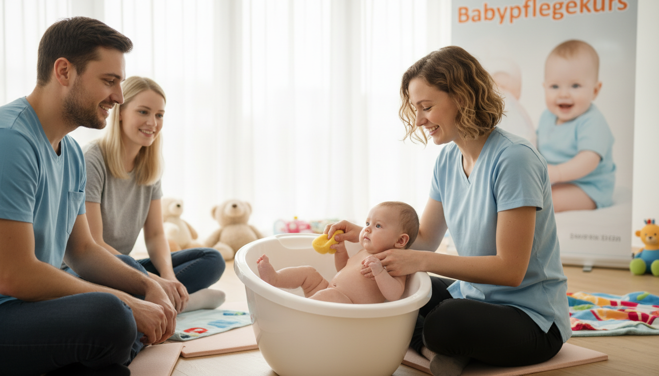 Babypflegekurs – eine entspannte Szene mit einem Baby, das gewickelt oder gebadet wird, freundliche Atmosphäre, heller Hintergrund, geeignet für einen Kurs über Baby-Pflege